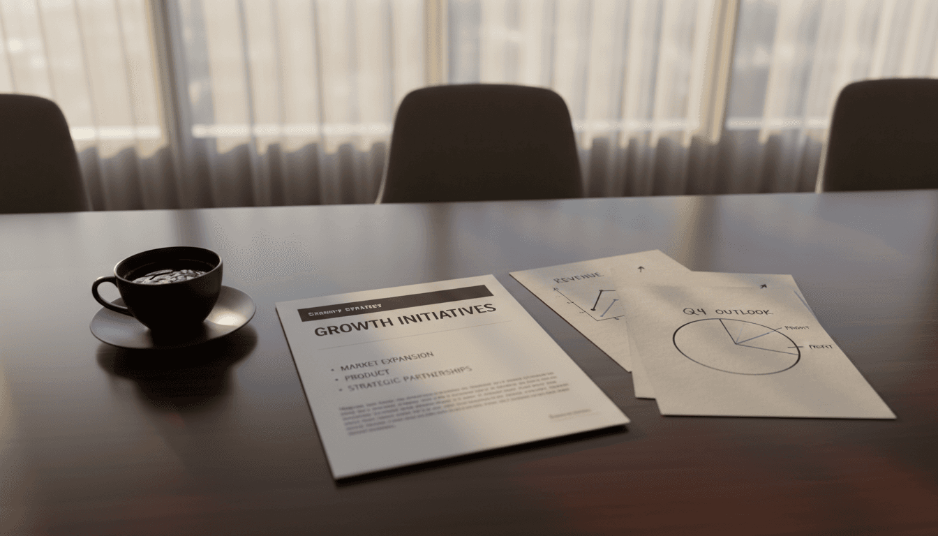 Strategic business planning documents and analysis materials on a modern conference table