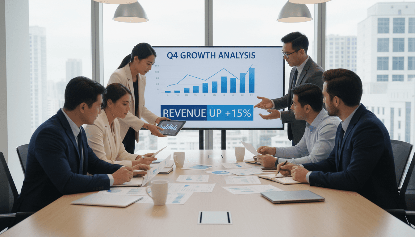 Team analyzing financial reports and charts around a conference table