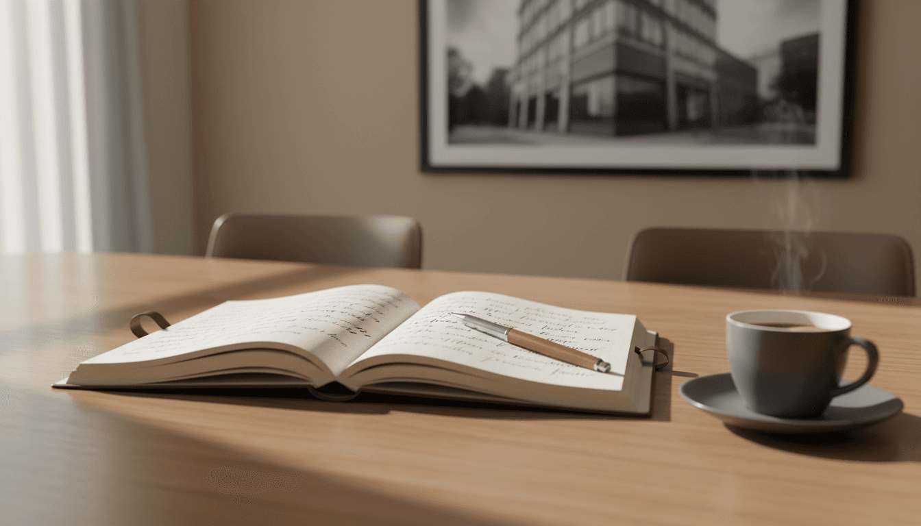 Open notebook and coffee on a modern conference table in a sunlit, minimal office