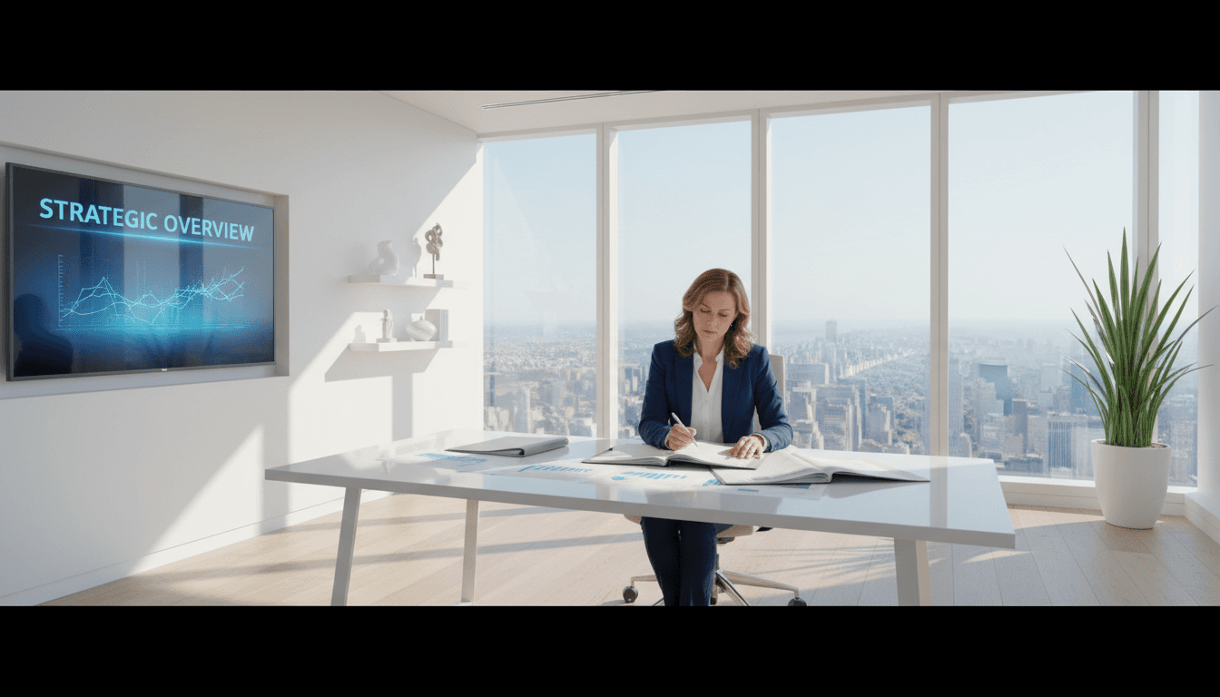 Professional reviewing strategic documents in modern office