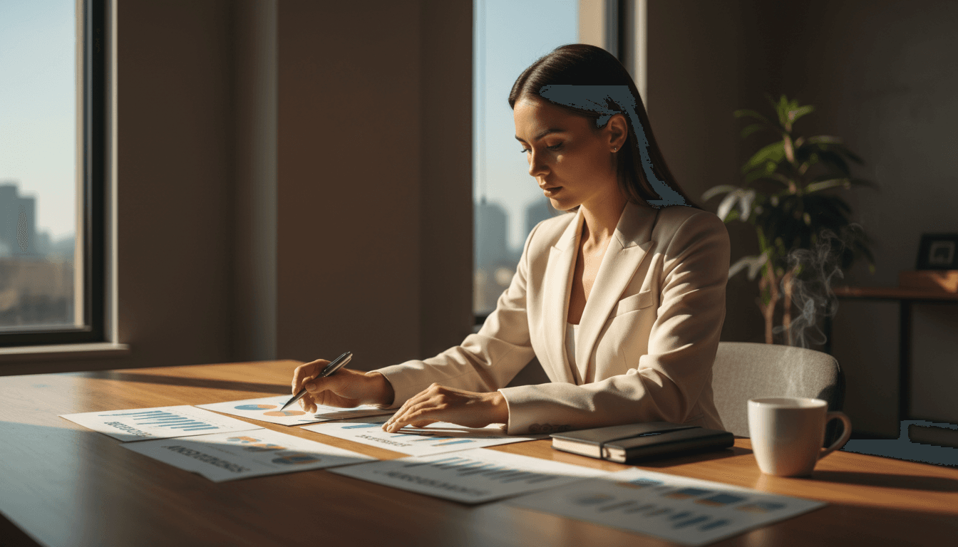 Strategic advisor reviewing growth architecture plans and business documents at a wooden desk