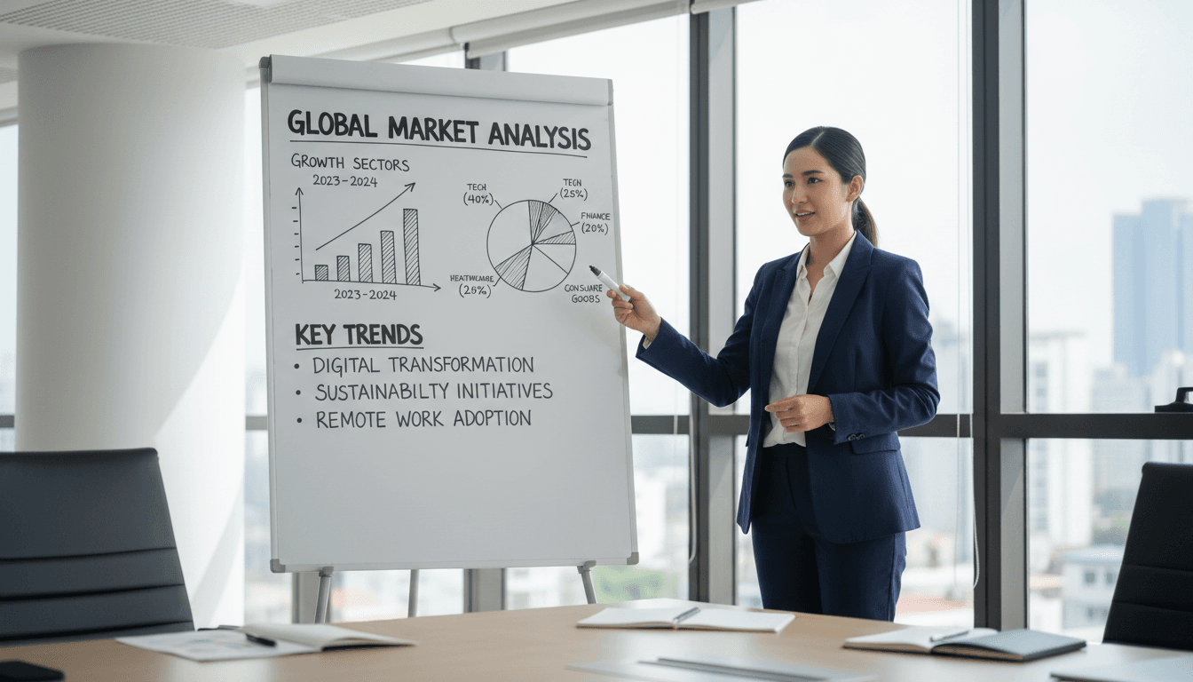 Consultant presenting market analysis on whiteboard