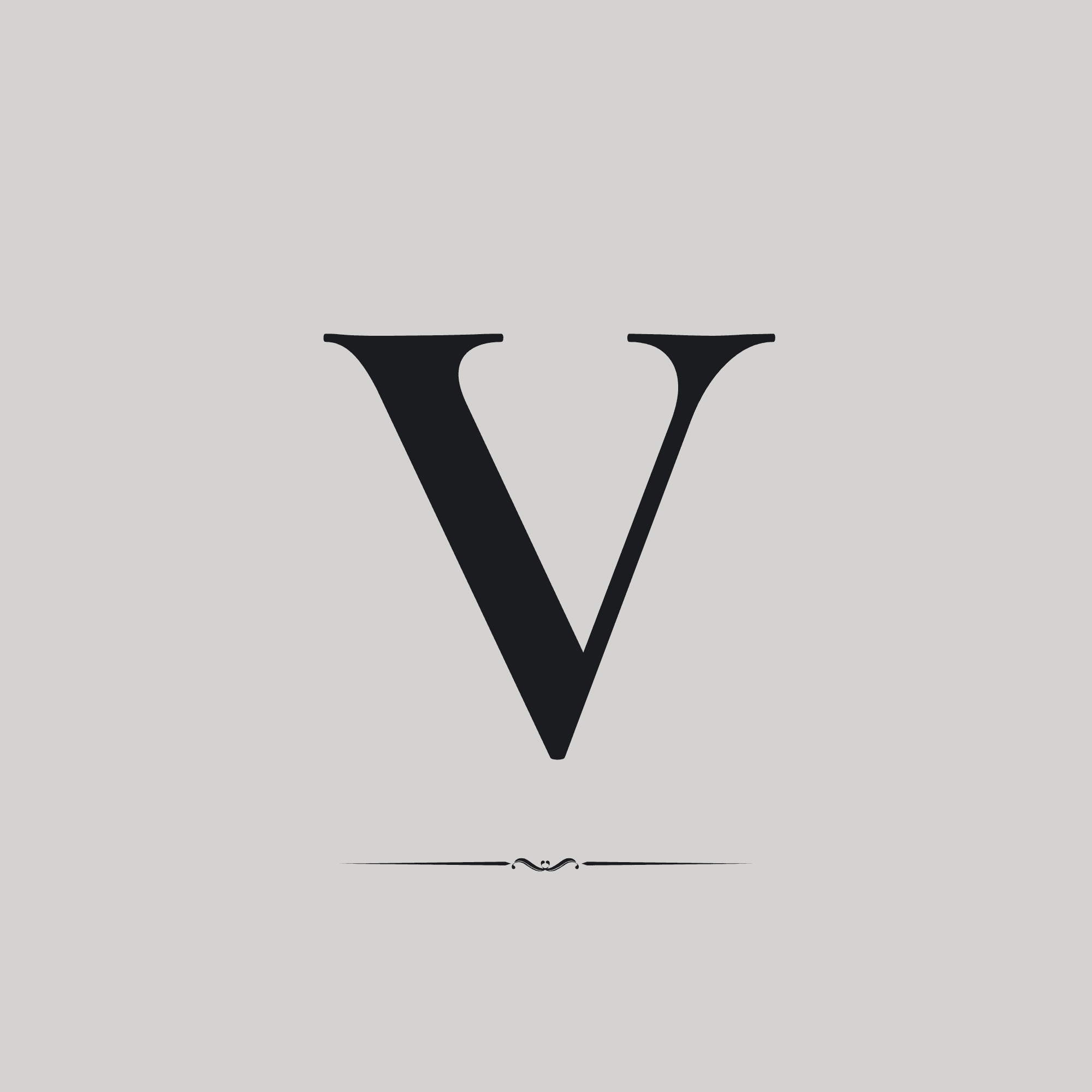 Large black serif letter V centered on light gray background with a small decorative flourish.